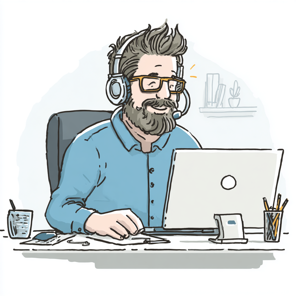 Cartoon illustration of a man with glasses and a beard working at a desk with a laptop, wearing a headset.
