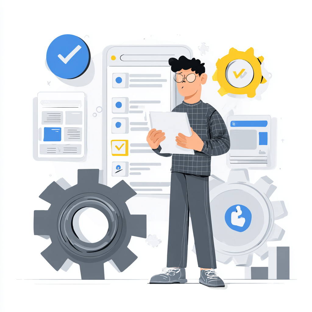 Illustration of a person reviewing a checklist on a paper, surrounded by digital and mechanical icons representing technology, settings, and verification.