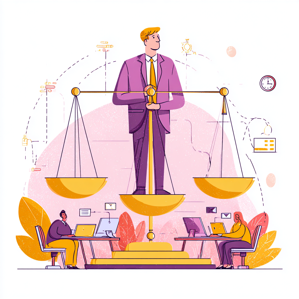 Illustration of a businessman standing on a balance scale, with two people working on laptops at desks beneath the scale, symbolizing justice and legal work.