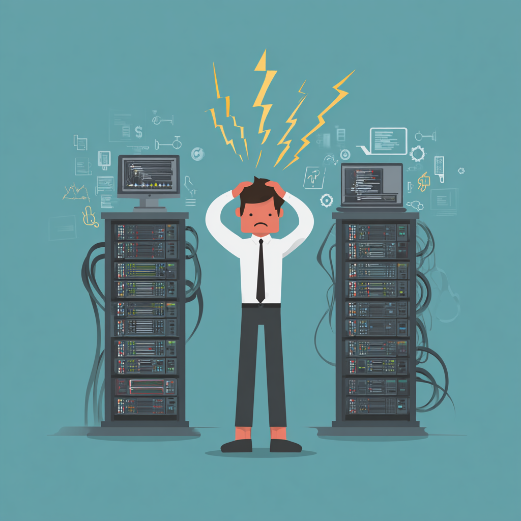 A cartoon man looks stressed, holding his head, standing between two server racks with computers on top, surrounded by floating digital icons and yellow lightning bolts overhead indicating stress or frustration.