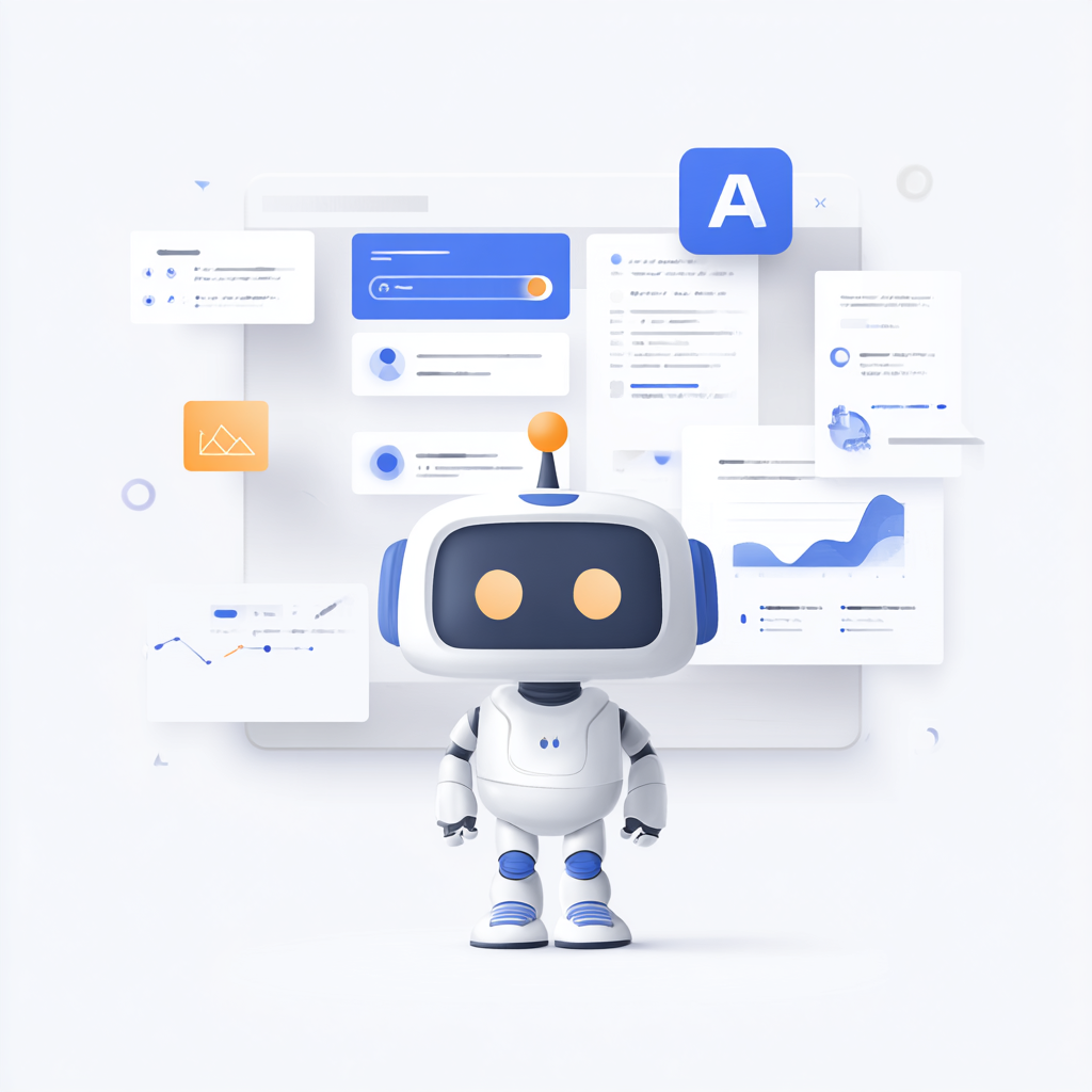 A cute robot standing in front of a digital dashboard with graphs, charts, and icons related to data analytics.