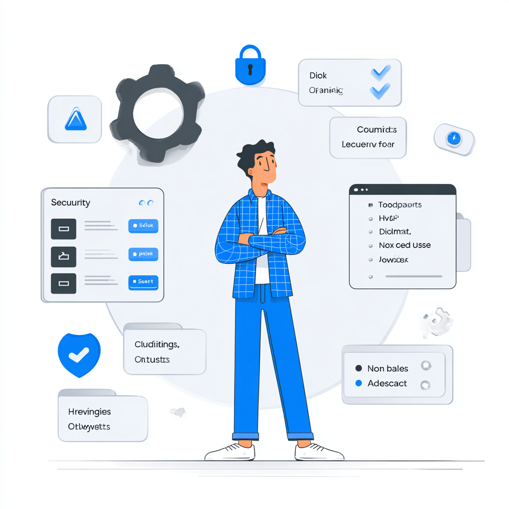 A digital illustration of a young man in a blue checkered jacket with crossed arms surrounded by various icons and graphical user interface elements related to security, settings, and technology.