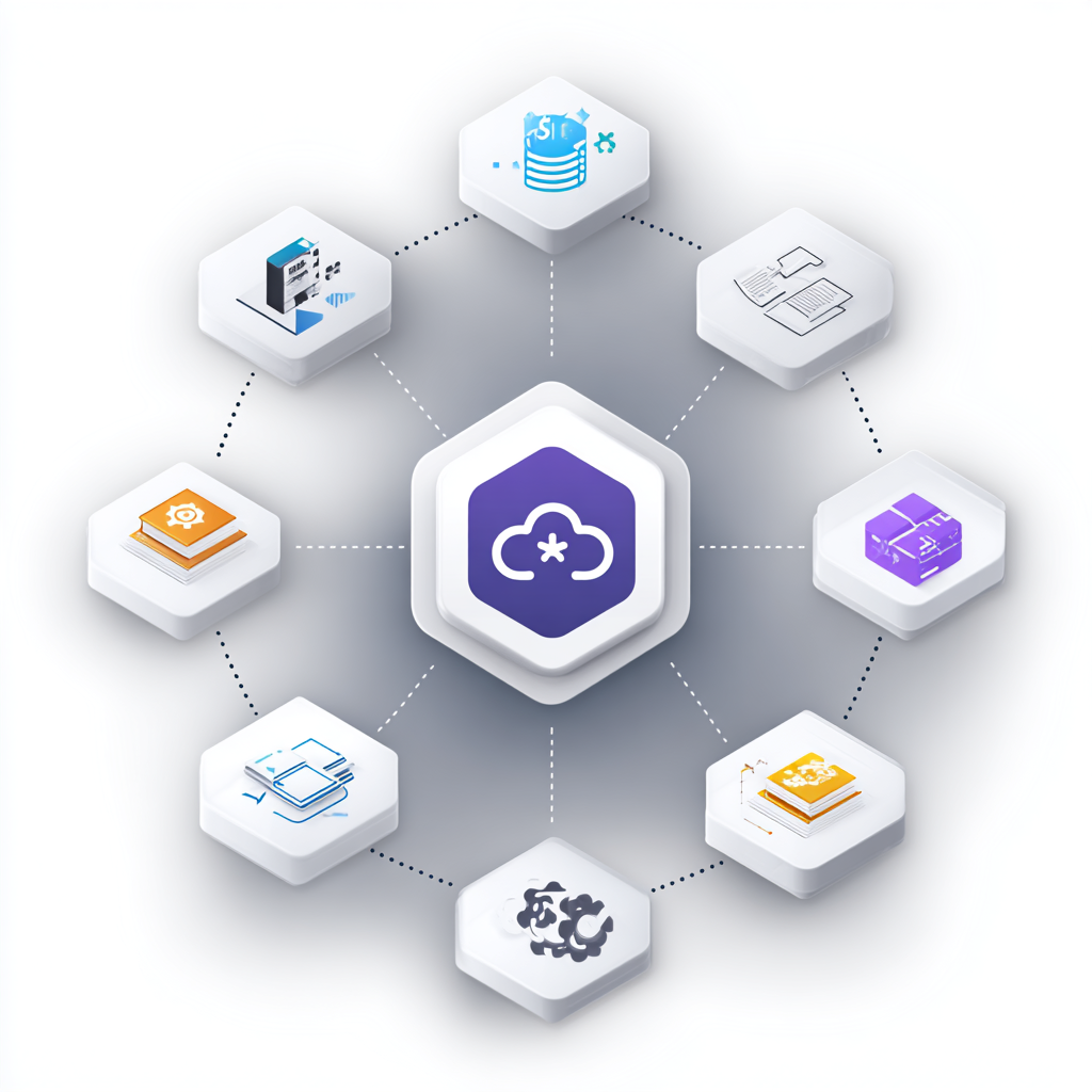 A central cloud icon with a snowflake, surrounded by eight icons representing different technology or data-related functions connected by dotted lines.