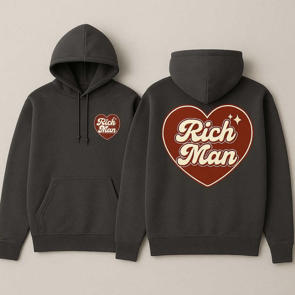 Two black hoodies with heart-shaped logos that say 'Rich Man' in white script. One hoodie is displayed front-facing, and the other shows the back with a large logo.