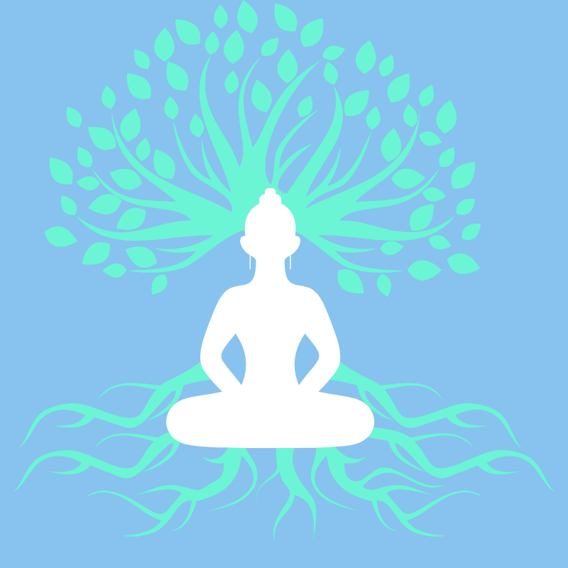 Silhouette of a person seated in a meditative pose with a large tree extending from their head and roots spreading below, symbolizing growth and connection with nature.