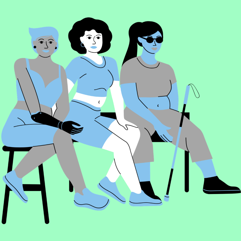 Three people sitting on chairs, with diverse styles, including one in athletic wear, one with a cane, and one with sunglasses and a medical glove, against a light green background.