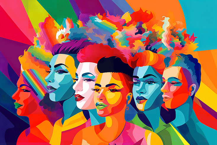 Colorful digital illustration of six diverse women with vibrant, rainbow-colored hair and clothing, celebrating individuality and diversity.