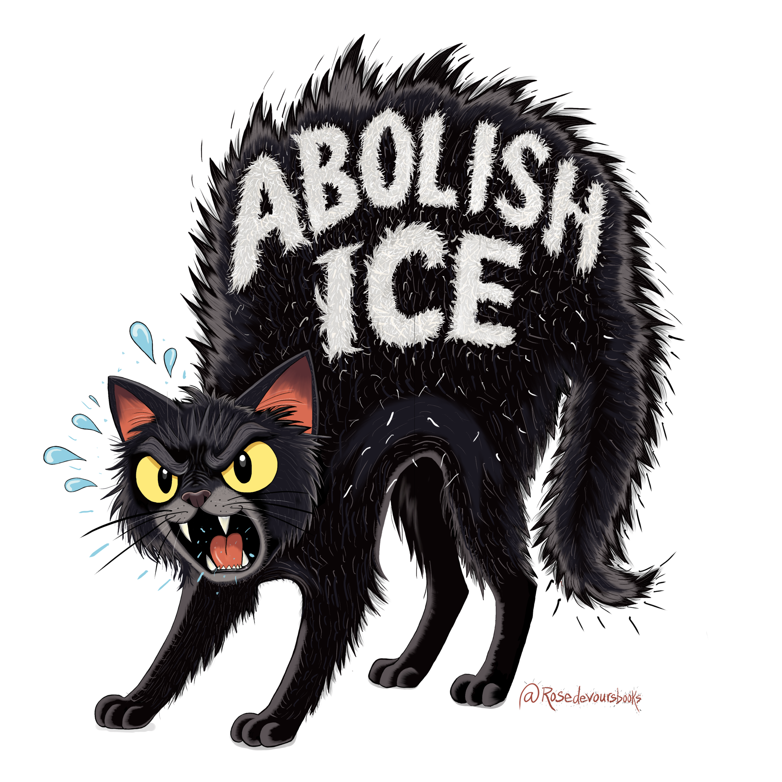 A black angry-looking cat with yellow eyes and sharp teeth, sweating, with the phrase 'Absolutely Icy' written in white on its back, animated in a cartoon style.