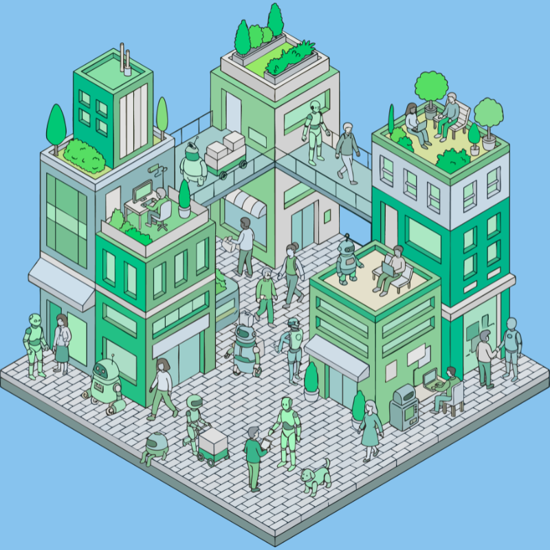 Futuristic city scene with buildings, robots, humans, and a rooftop garden.