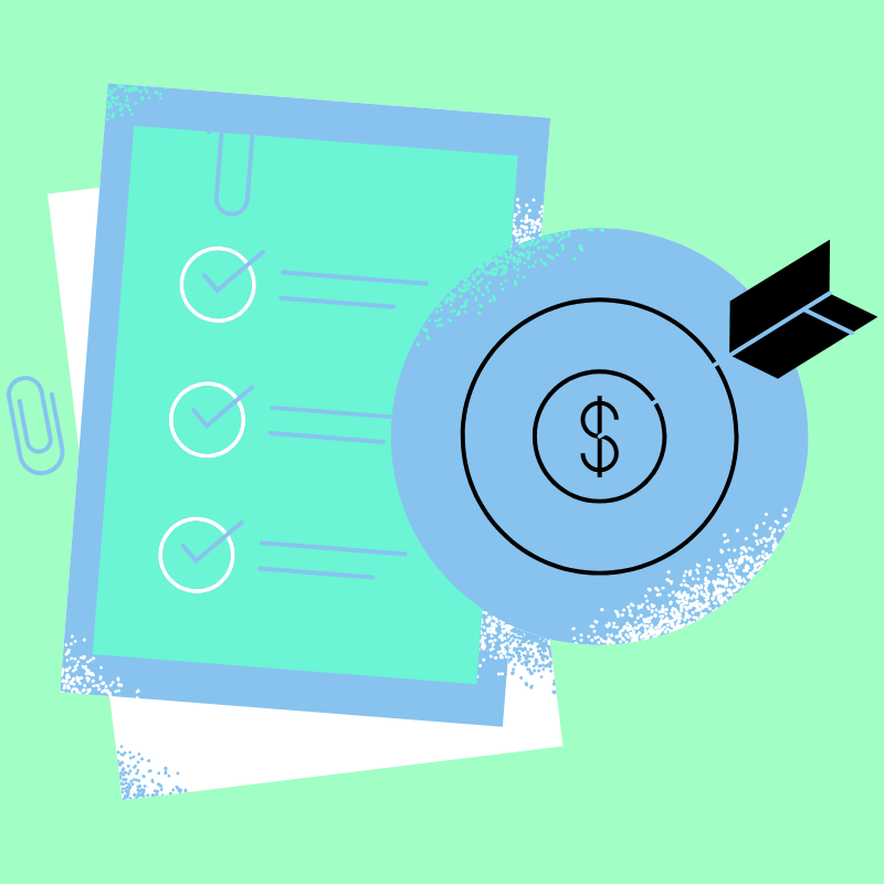Illustration of financial planning documents, a checkmarked list, a coin with a dollar sign, and a laptop.