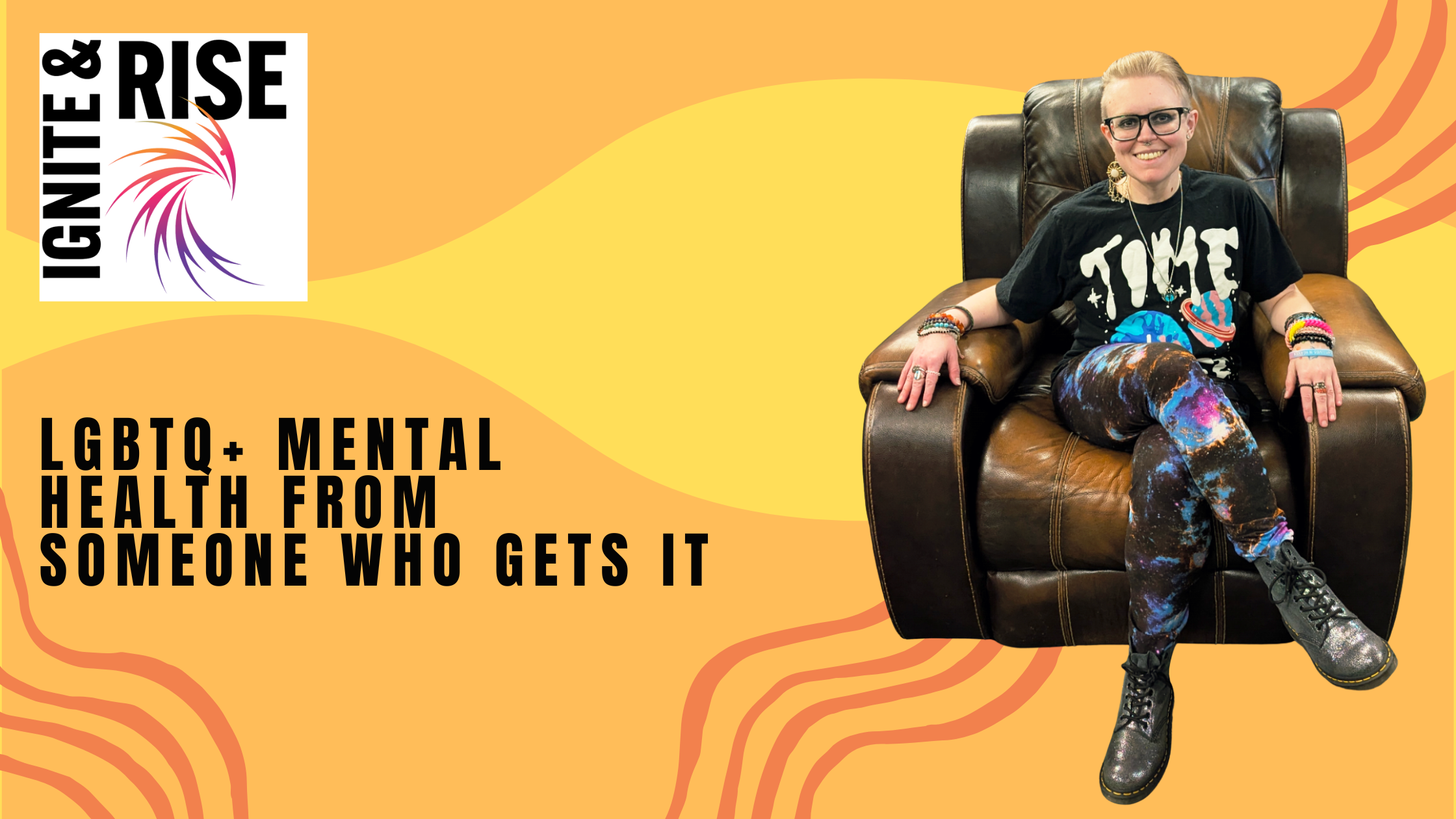 A logo with the words in bold "Ignite & Rise" with a graphic of a bird in purple, pink, and orange 