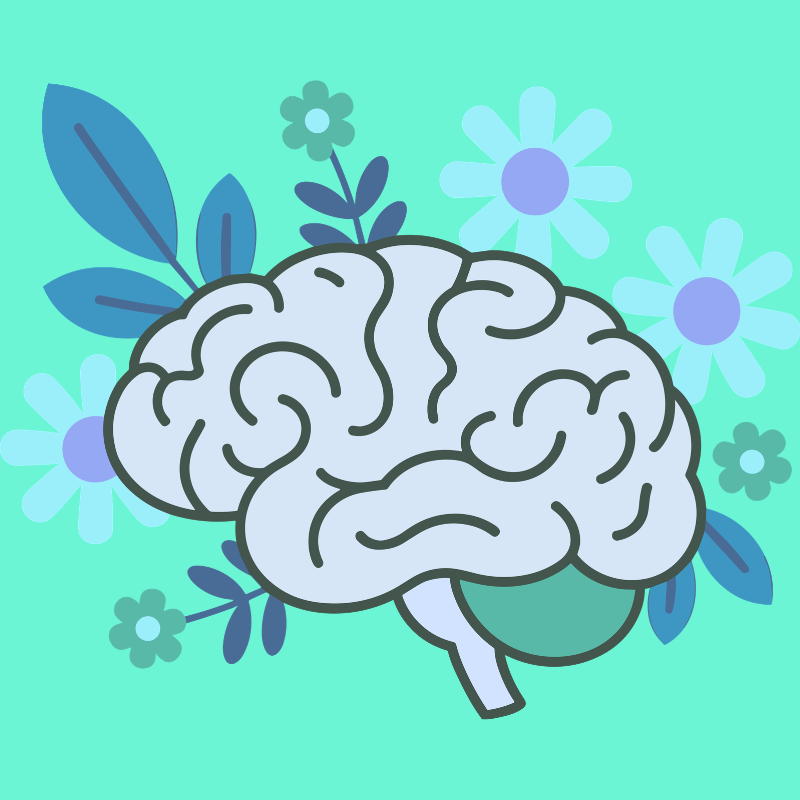 A cartoon illustration of a brain with blue and green leaves and flowers in the background.