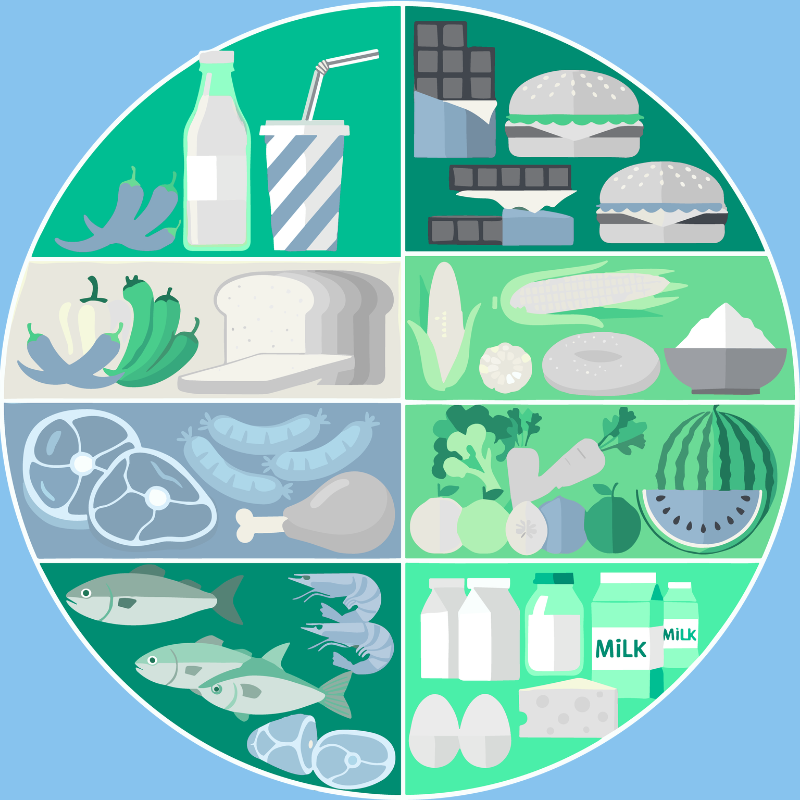 A food pyramid illustration showing various food groups including drinks, snacks, produce, meats, dairy, and miscellaneous items.