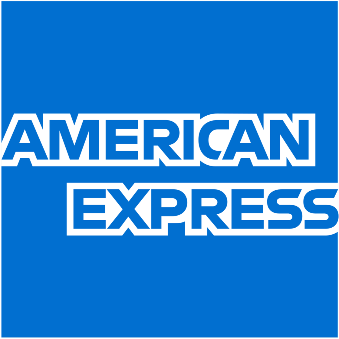 Blue square background with the white text 'American Express' in a bold font.