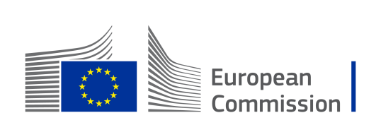 European Commission logo with a blue flag featuring yellow stars and gray abstract building shapes.