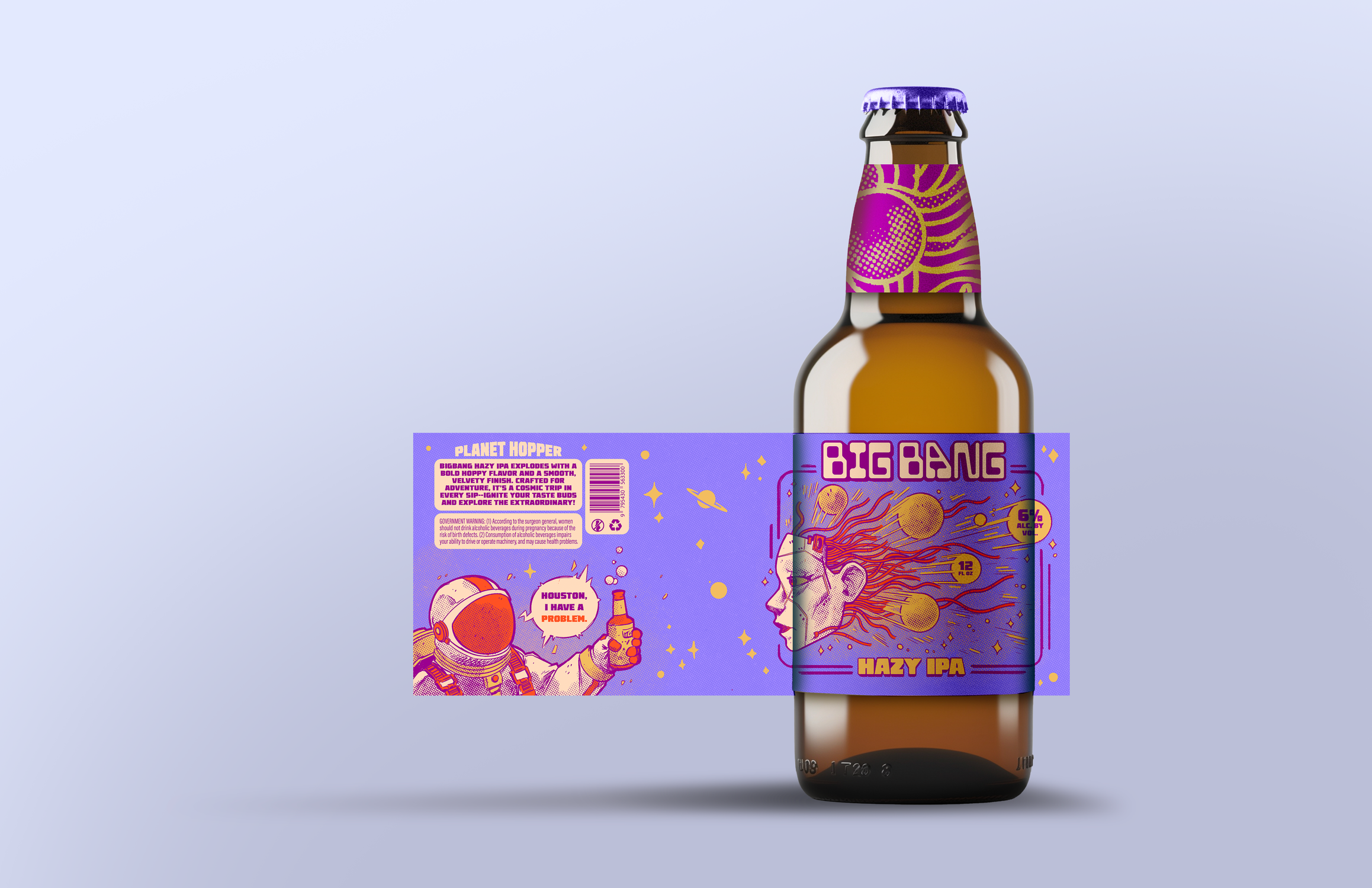 A beer bottle with a vibrant label featuring a woman with flowing hair and planets, labeled 'Big Bang.' Next to the bottle is a purple insert with a space-themed cartoon astronaut holding a beer and the text 'Houston, I have a problem,' along with de
