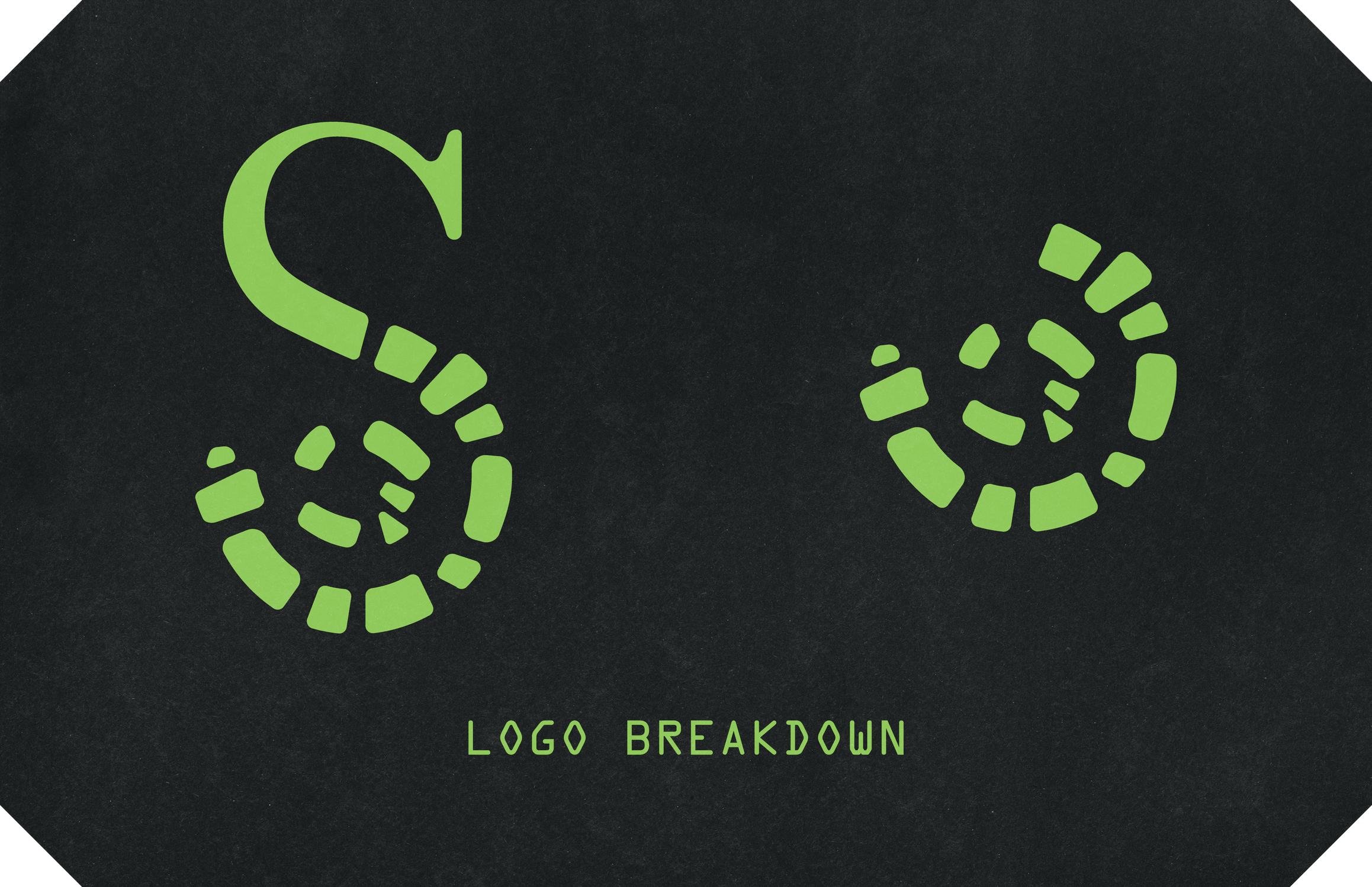 Graphic illustrating the breakdown of a logo, featuring a stylized letter 'S' with green segments on a black background and the words 'Logo Breakdown' in green at the bottom.