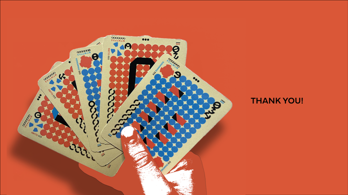 A hand holding a fan of Uno cards with a red, white, and blue color scheme, against an orange background. The cards display various numbers and symbols, with the words "THANK YOU!" printed on the right side.
