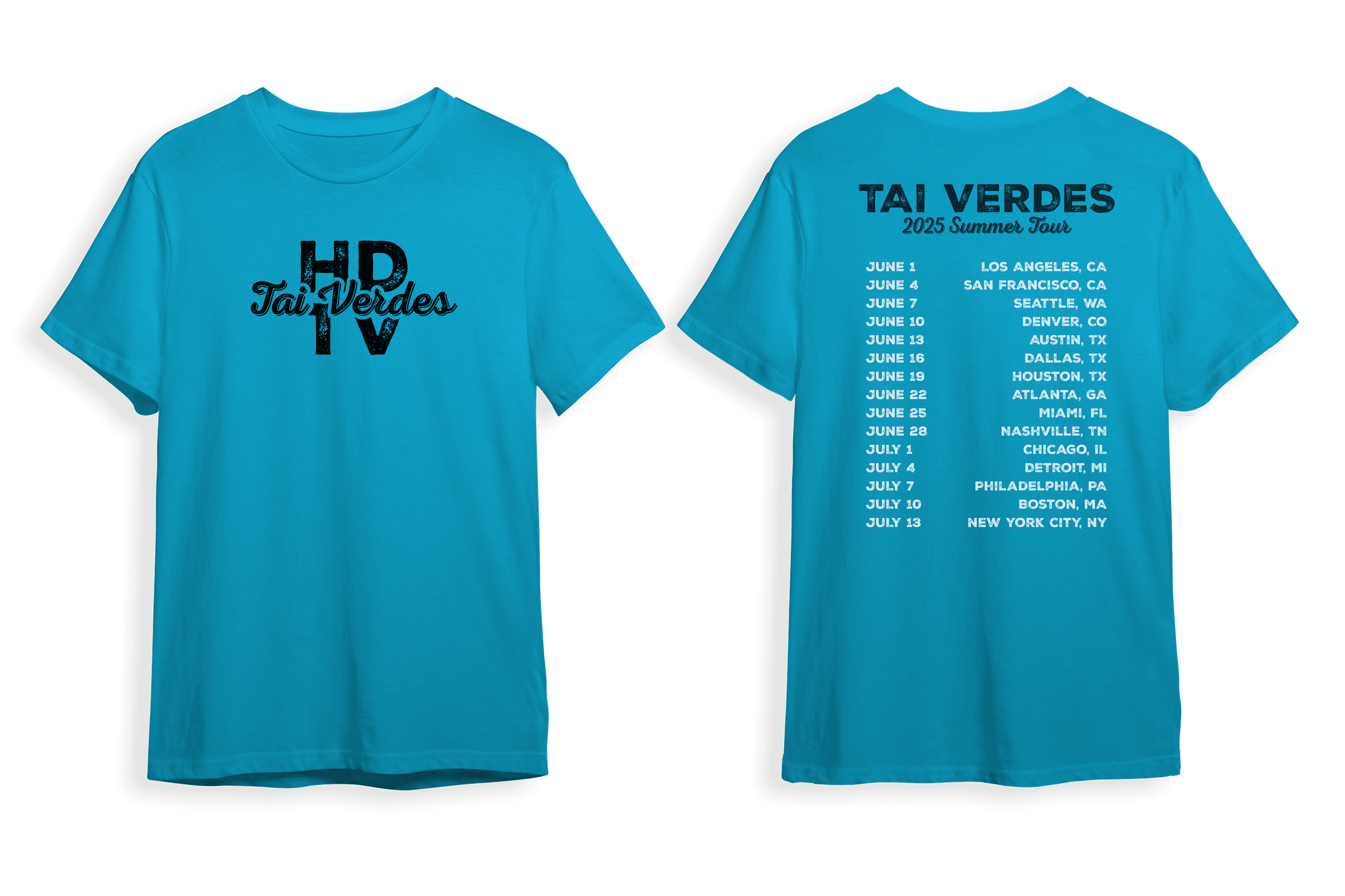 Blue T-shirt with 'HD Tai Verdes 1V' on the front, and on the back, a tour schedule listing dates and cities for Tai Verdes' 2025 summer tour.