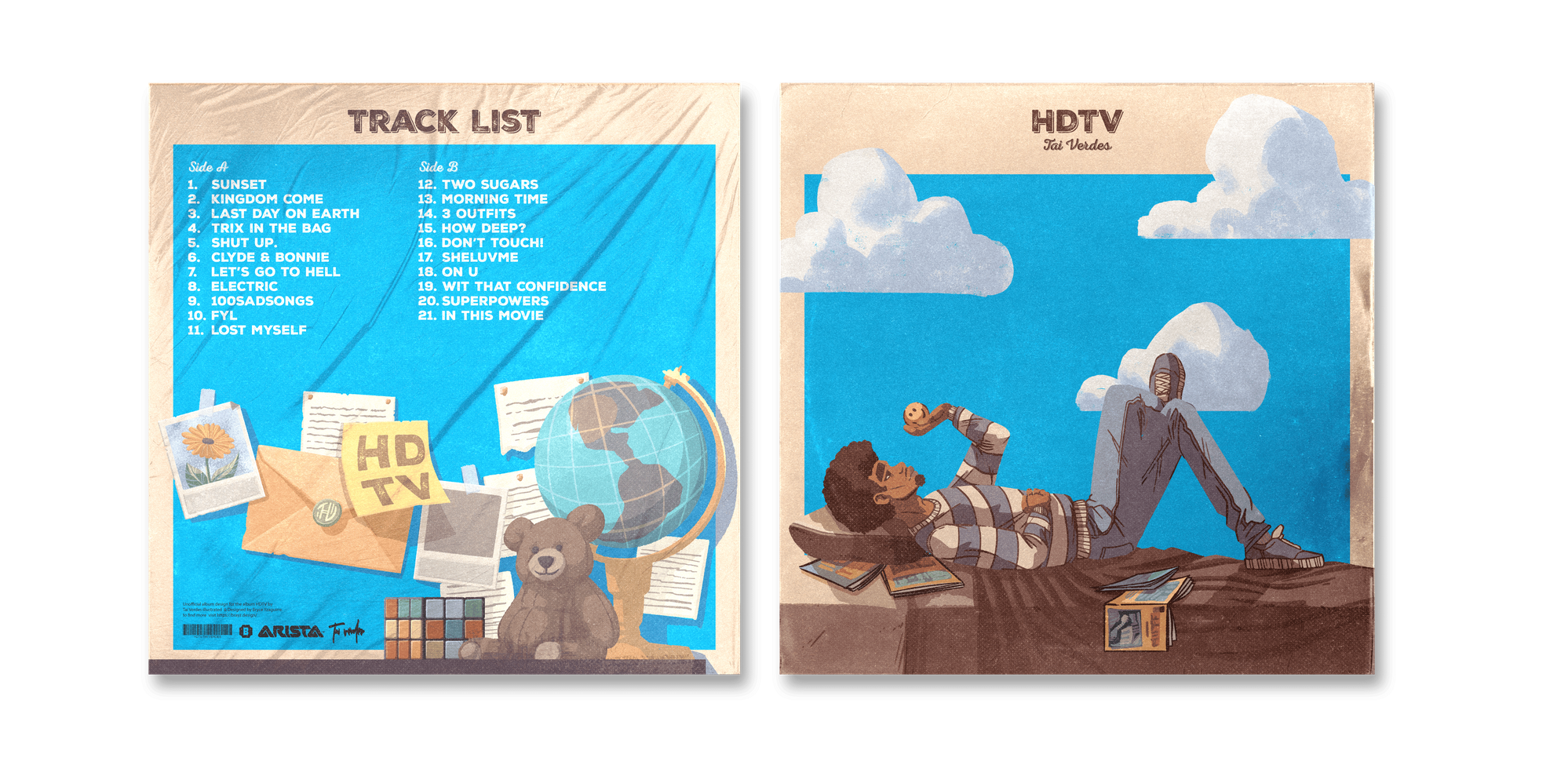 Left side shows a blue track list with 21 songs, alongside illustrations of a teddy bear, globe, lamp, photos, and a Rubik's cube. Right side depicts a person with curly hair wearing a plaid shirt, relaxing on a wooden surface, drinking from a bottle