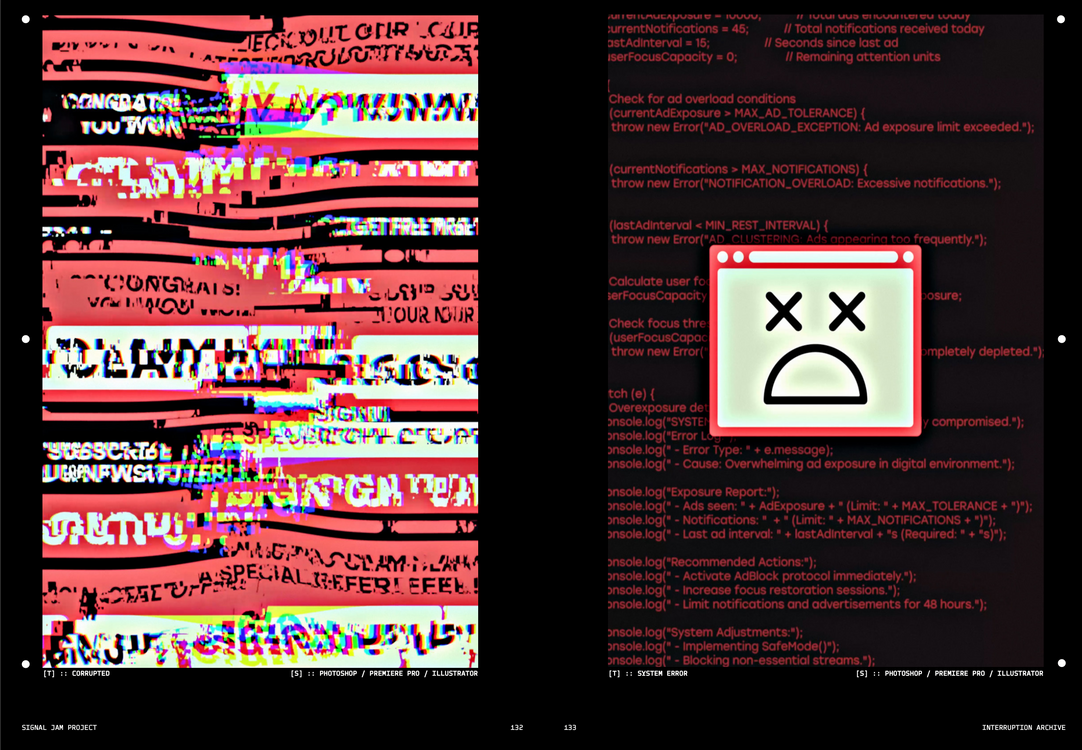 A computer screen displaying a glitch art image with distorted colorful text and graphics on the left, and a red warning/error message with a cartoon distressed face icon on the right.