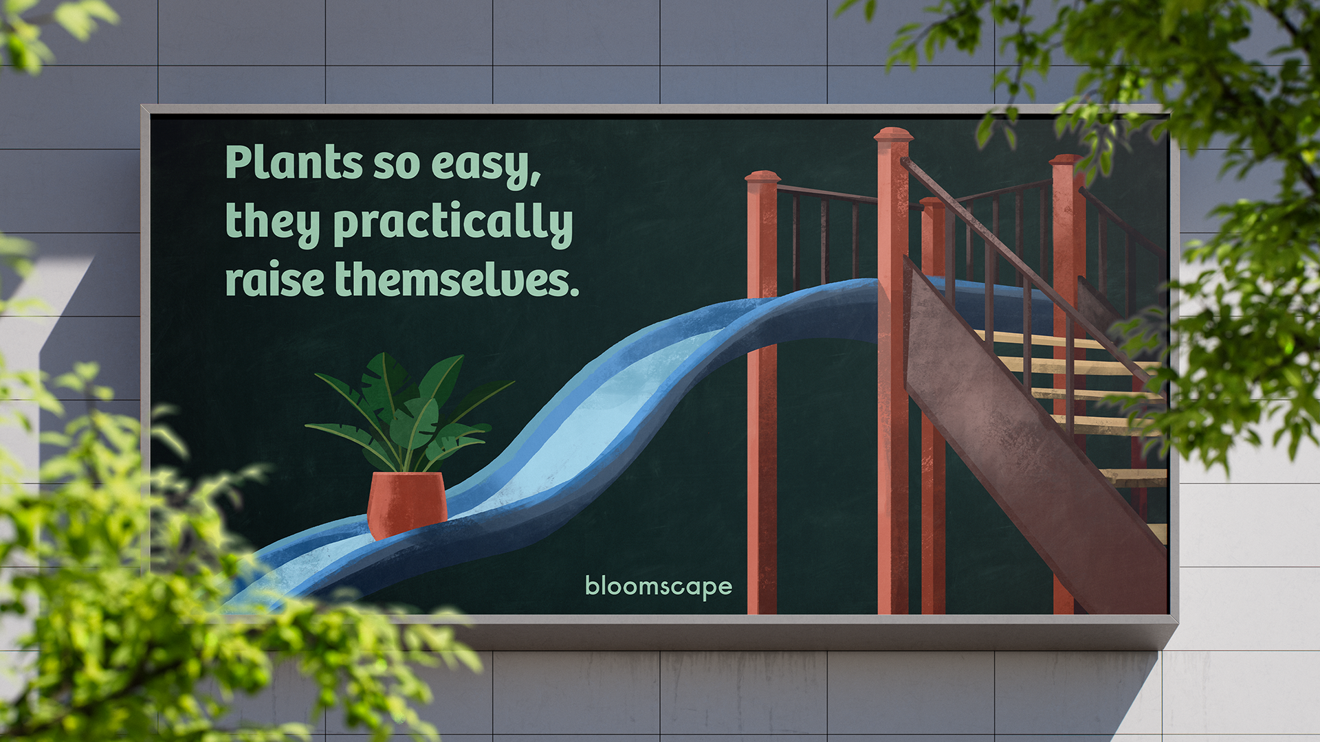 Billboard with a graphic of a playground slide and a potted plant, featuring a quote about plants from bloomsape.