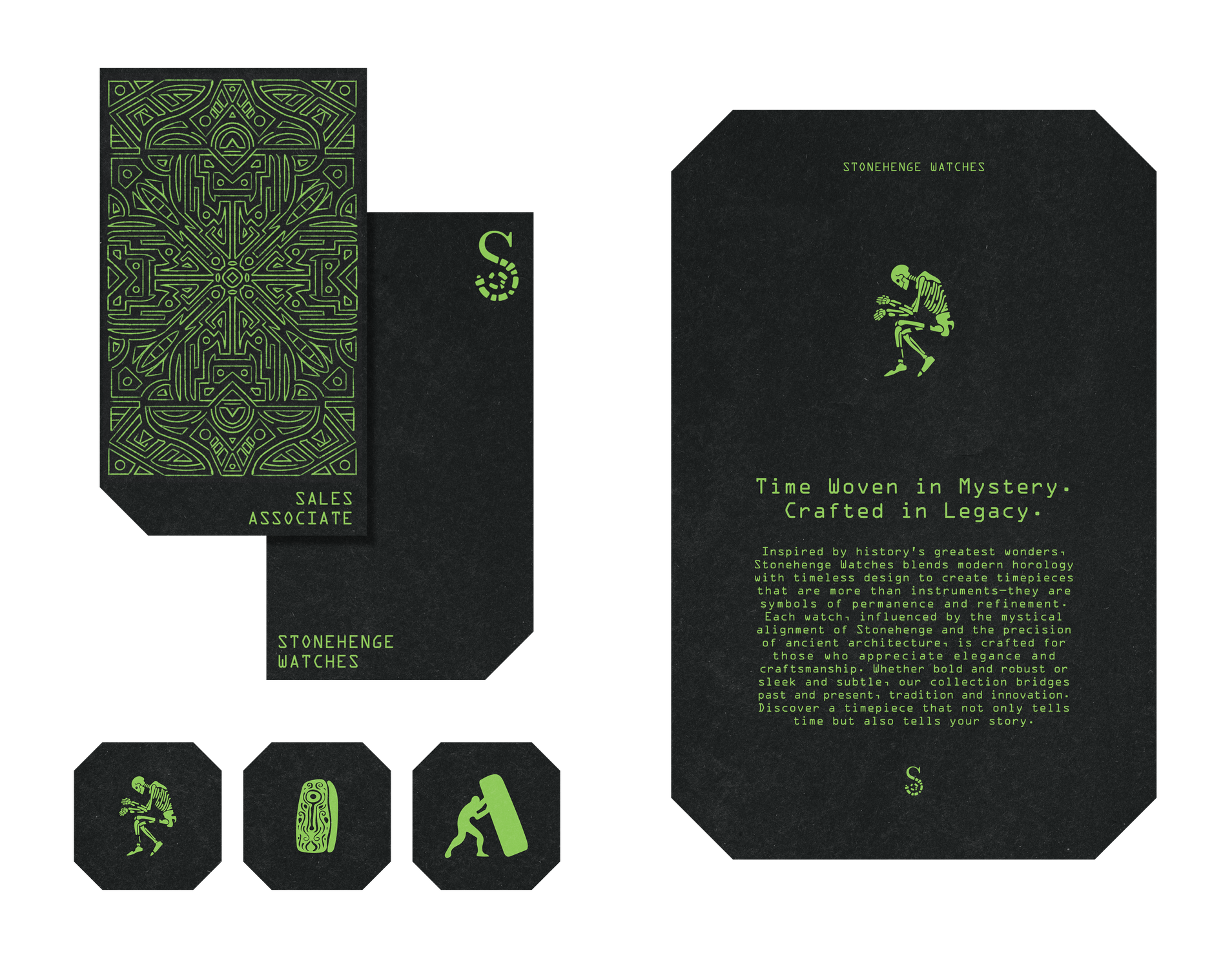 Business cards and packaging for Stonehenge Watches featuring black backgrounds with green text and symbols, including designs inspired by ancient architecture and mythical themes.