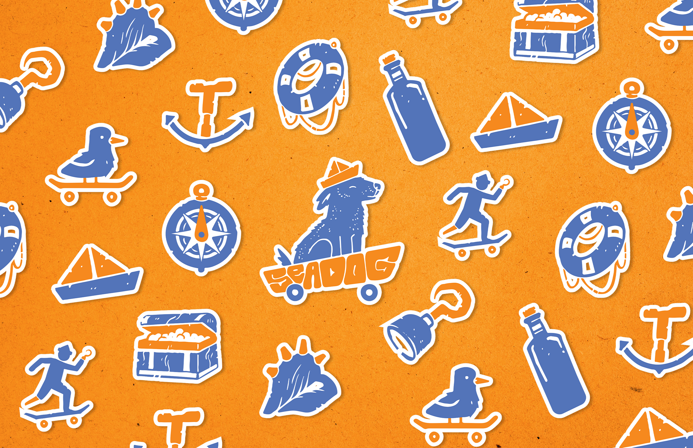 A pattern of cartoon camping and outdoor adventure icons on an orange background, including dogs with hats on skateboards, ducks, lanterns, anchors, bottles, Compass roses, and food stands.