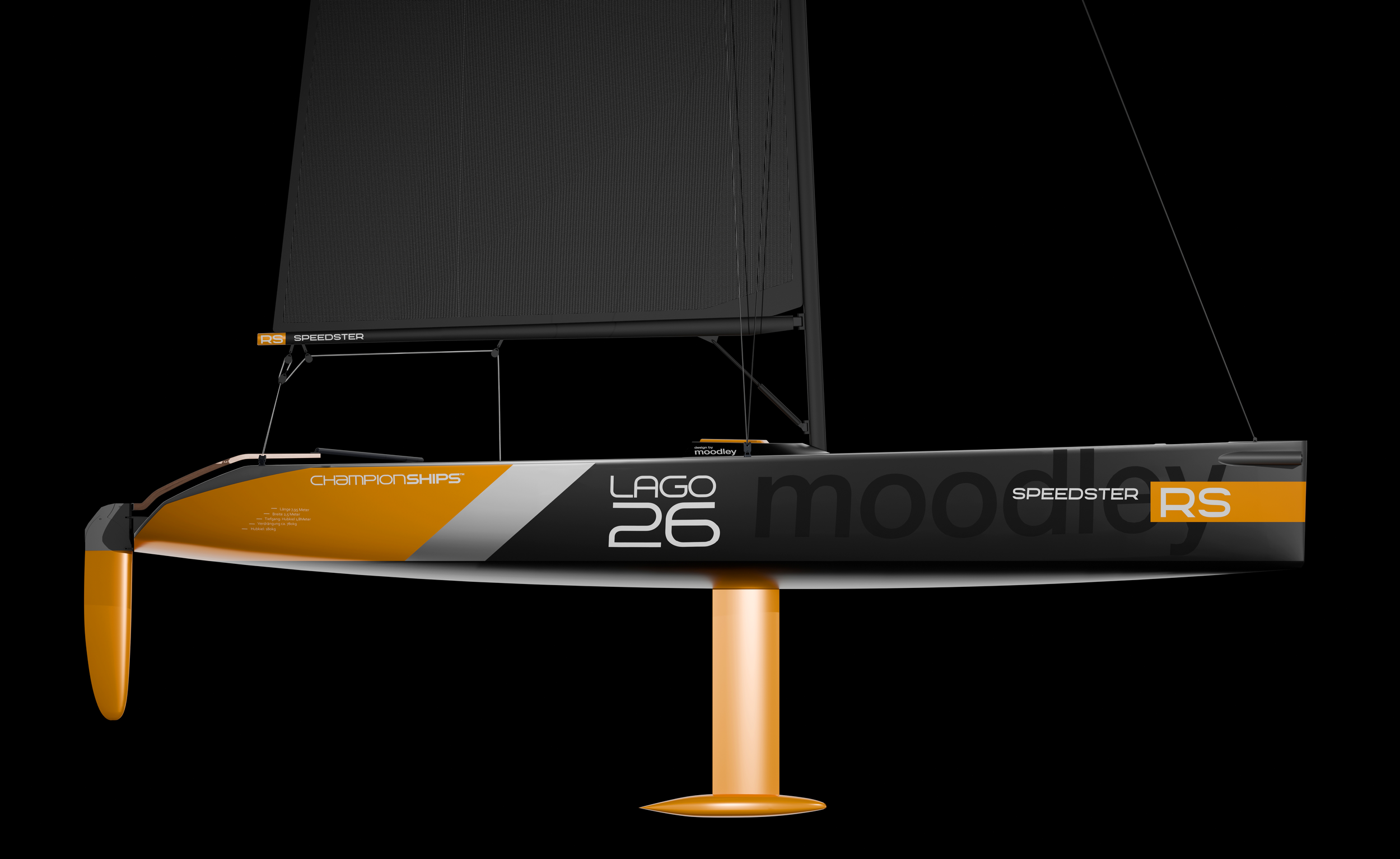 A high-performance sailboat with a sleek black and orange design. The boat features the branding "Lago 26" and "Speedster RS" on its side, along with the word "Championships." It has a large, dark sail with minimalistic branding, a streamlined hull, and orange-colored fins and a stand.