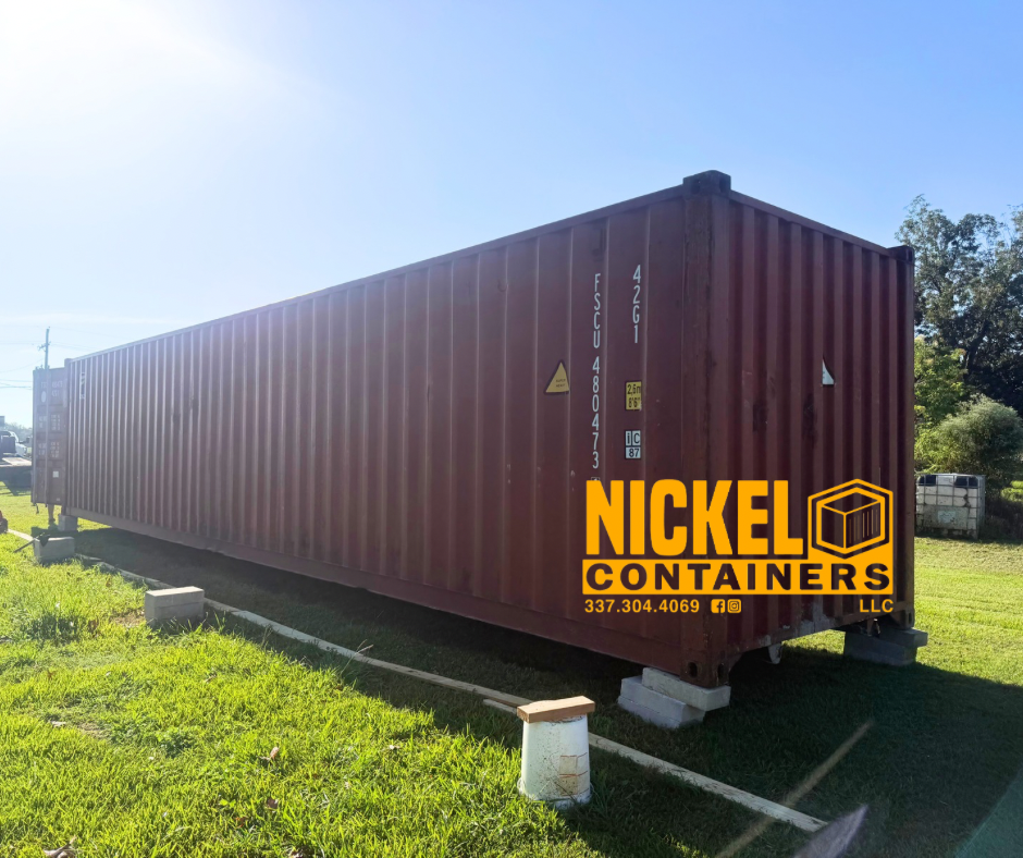 A red 40' High Cube Used Shipping Container delivered to a customer by Nickel Containers, LLC.
