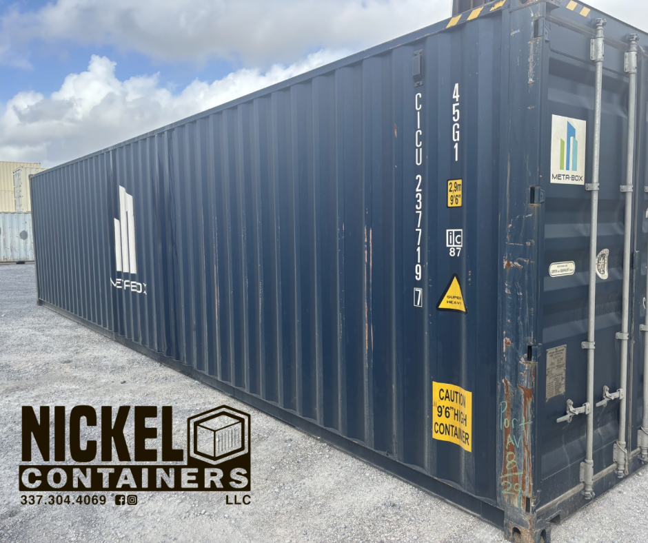 A large blue shipping container with the Nickels Containers LLC logo and contact information on the ground in front of it, under a partly cloudy sky.