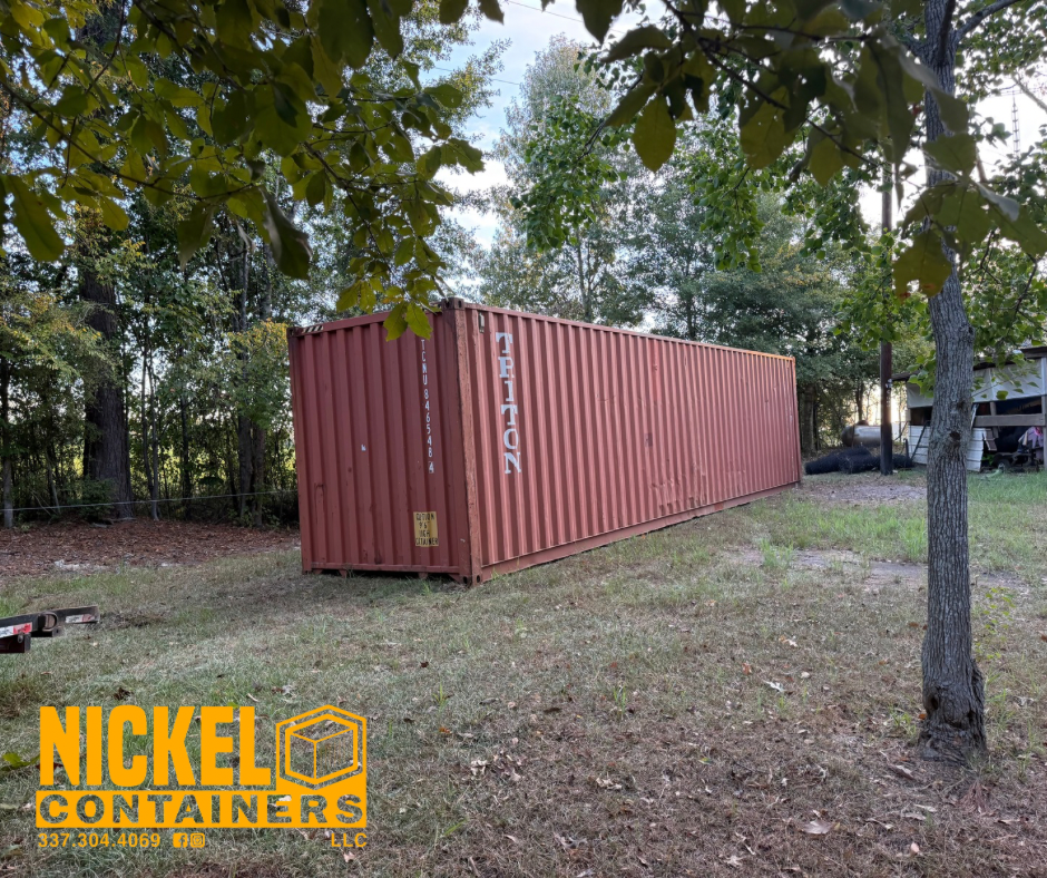 A red used 40 FT shipping container delivered to a customer by Nickel Containers, LLC