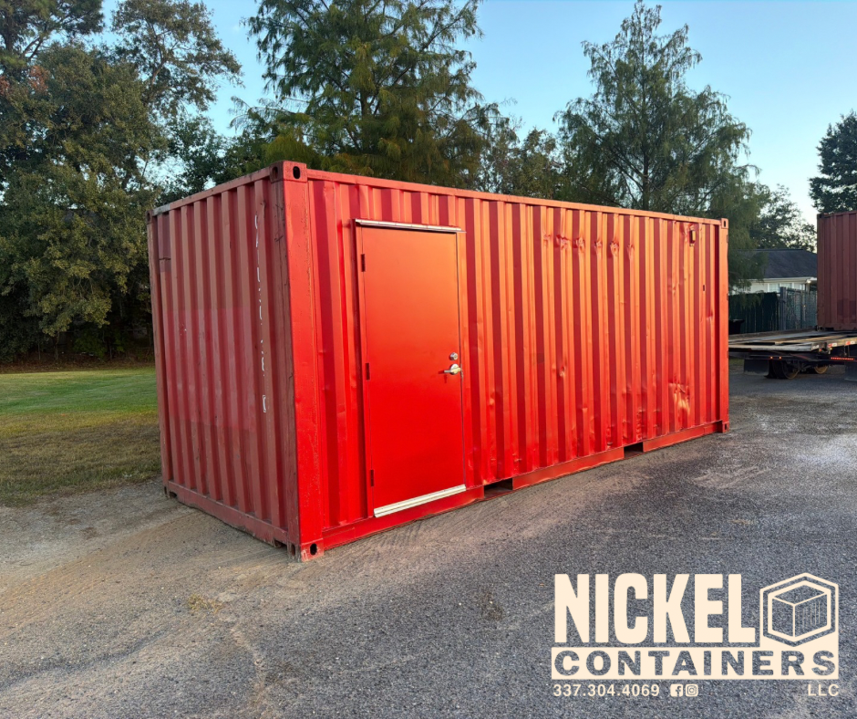 A modified used 20 FT shipping container with a man door including a deadbolt installed delivered to a customer in Lake Charles, LA