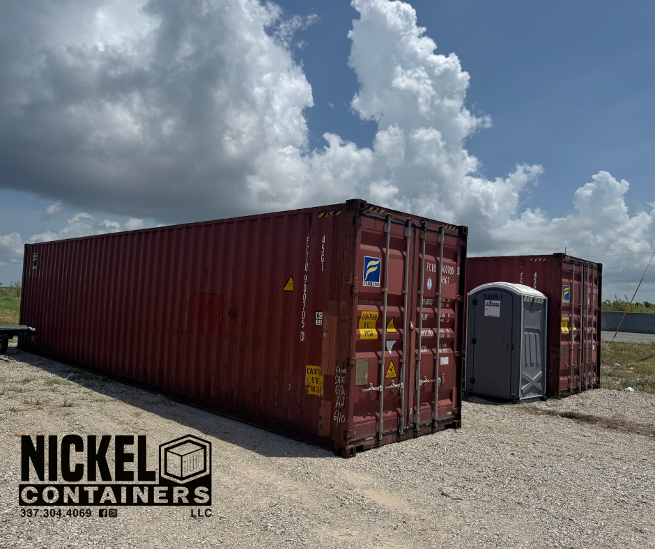 A long red shipping container with a FLORIDA logo, placed outdoors on a gravel surface under a partly cloudy sky. There is a portable toilet next to it and a small trailer on the left. The company logo 'Nickel Containers LLC' is at the bottom left co