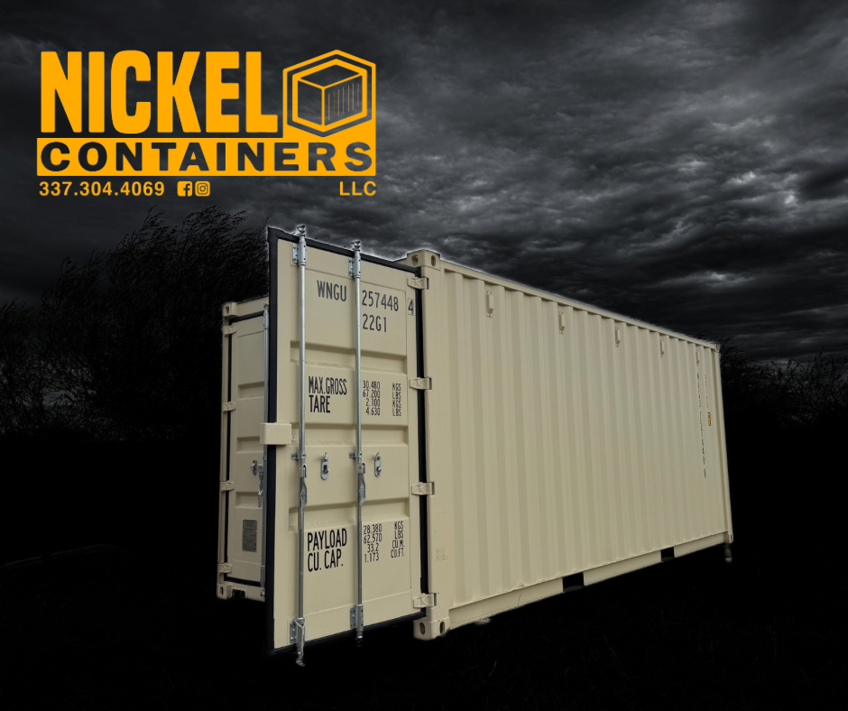 A beige shipping container outdoors against a dark, cloudy sky, with the logo and contact information for Nickel Containers LLC in the upper left corner.