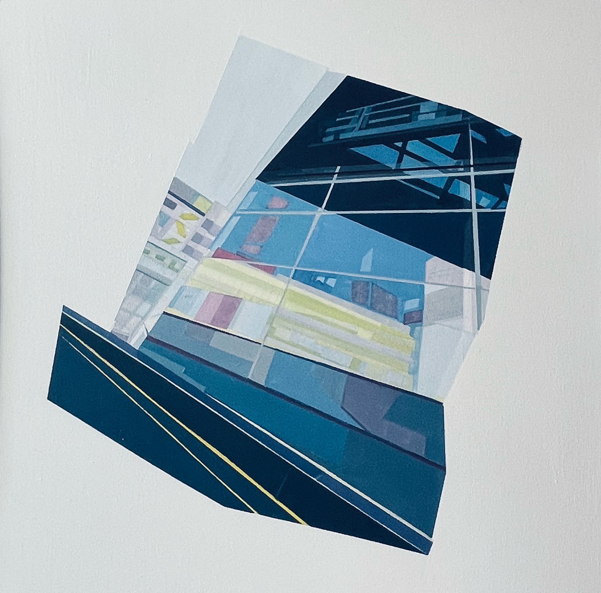 Matrilineal Lines Series No 3. 
Examining the deconstructed line, space and light. 
Faculty Building Imperial College London. 
Acrylic and gouache on board (60cm x 60cm).
2025