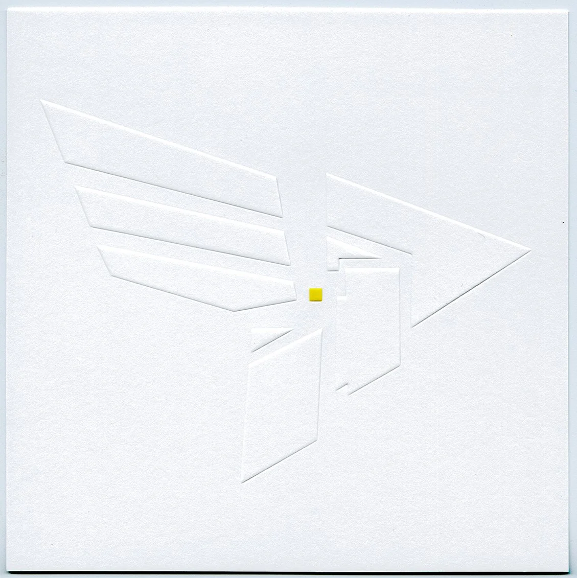 White on white. Exploring transition between line and surface. Tension created by yellow lozenge.
Embossed litho print. Limited edition (30cm x 30cm).
2026