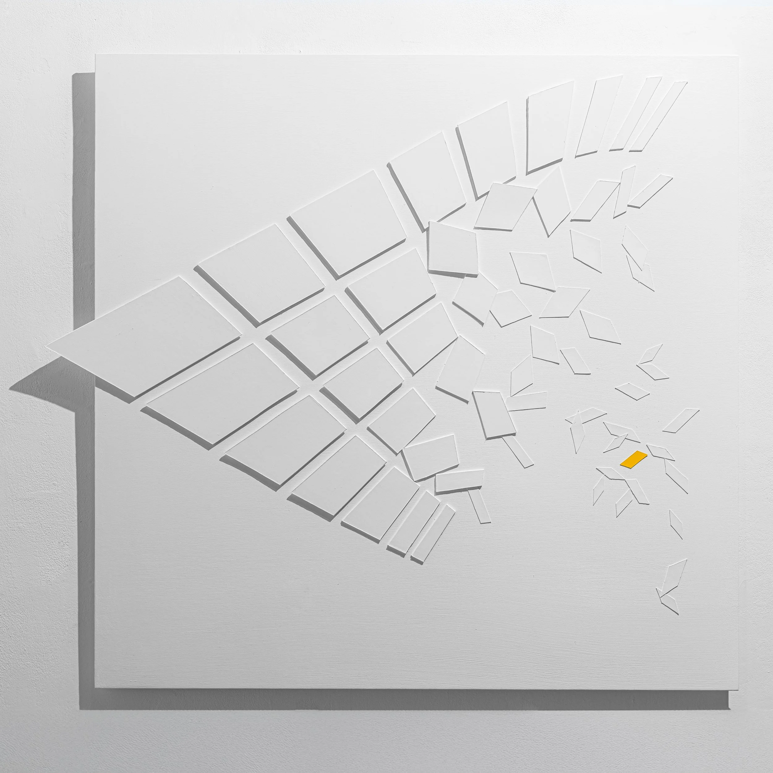 Exploring the splintered, fragmented image of Union Street window floor shadow. 
White on white.
Acrylic and collage on board (1m x 1m).
2024