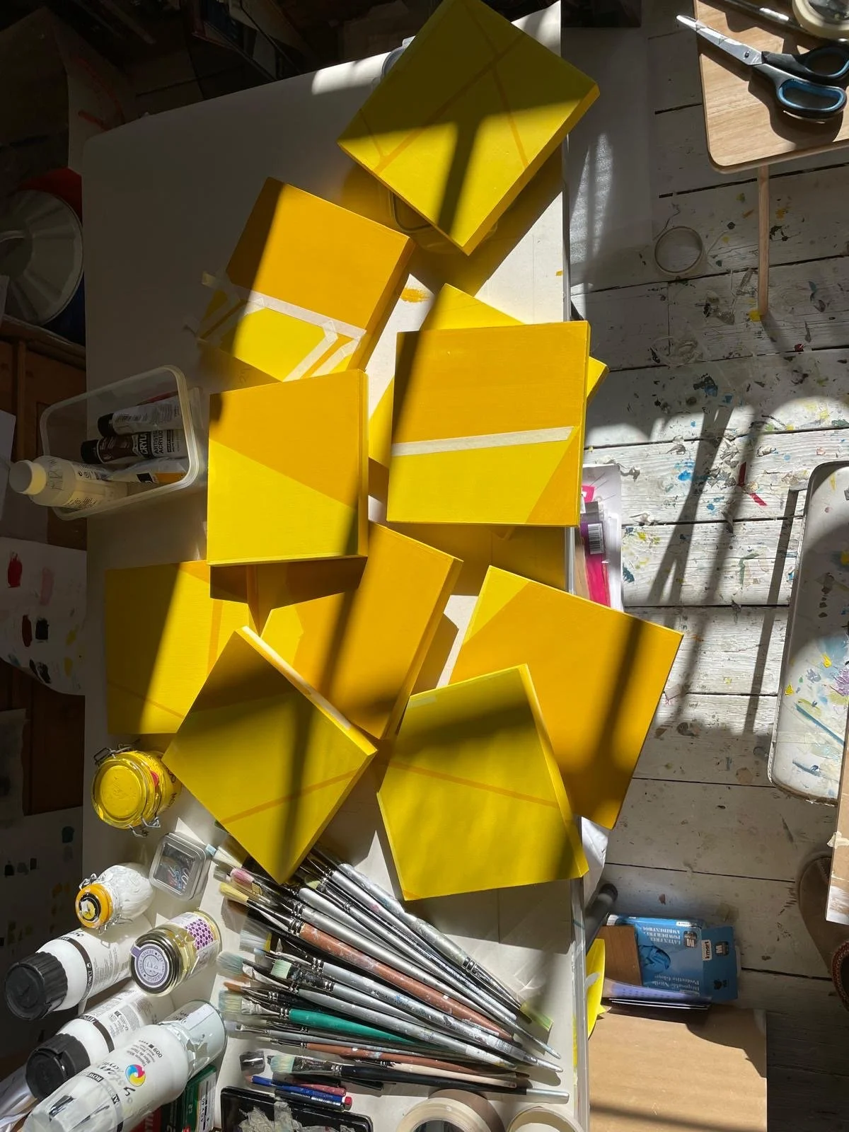 Fractured Shadows...in the early morning sun.
Gouache and acrylic on nine birch boards. 
2026