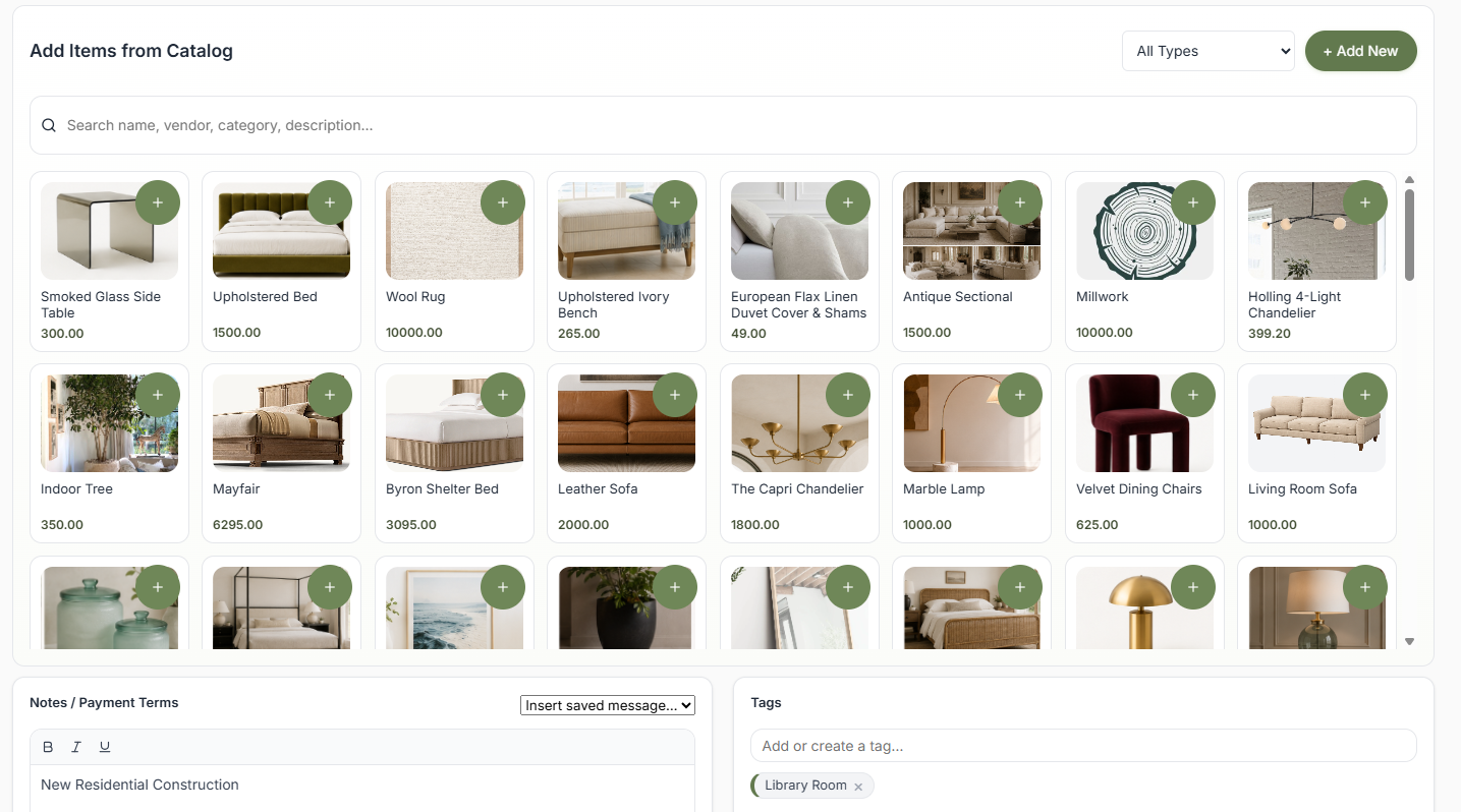 Screenshot of an online furniture catalog with various furniture items, including beds, rugs, tables, lamps, and chairs, along with their prices.