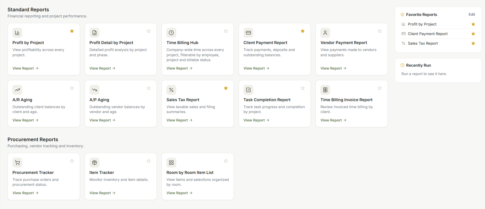Screenshot of a digital dashboard displaying various financial and procurement reports organized into sections with titles, descriptions, and links for viewing detailed reports.