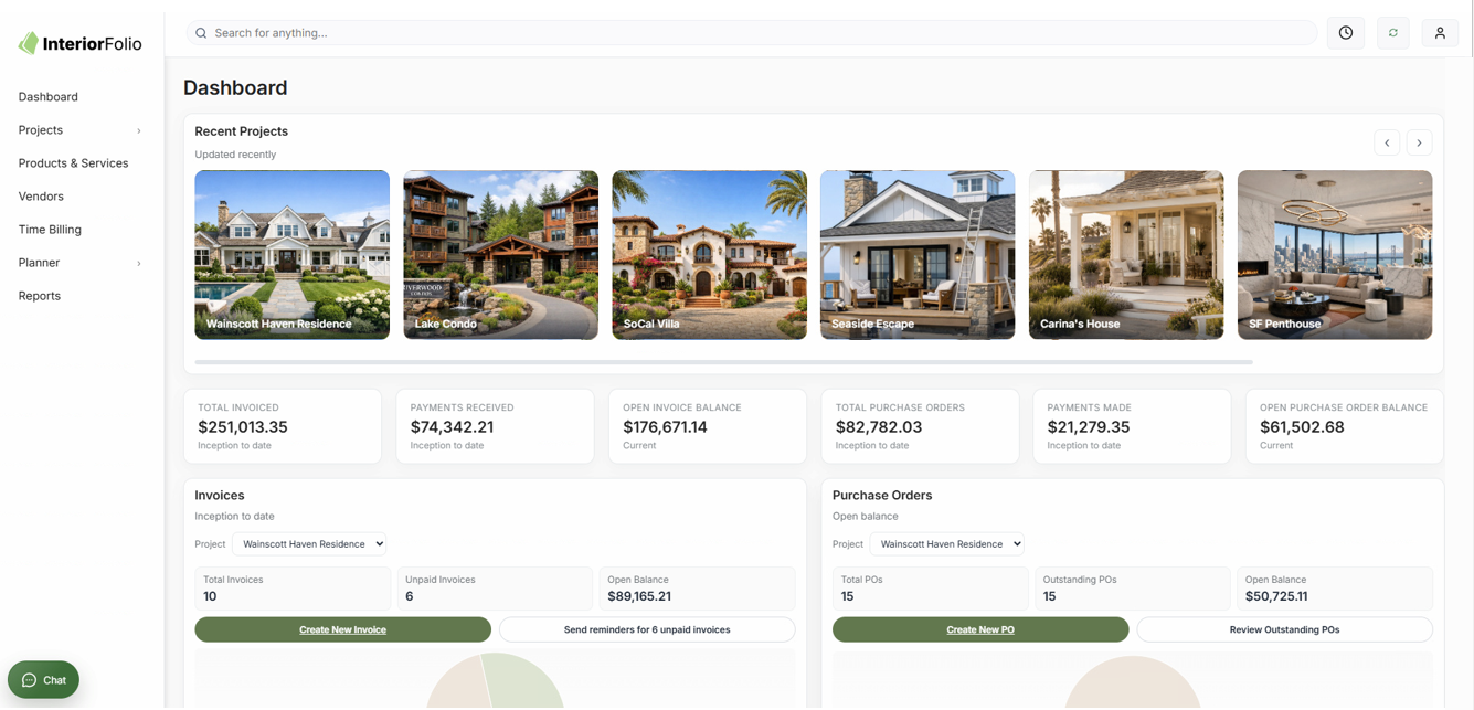 Screenshot of a real estate project management dashboard showing recent property projects, financial metrics such as total invoiced amount, payments received, and open balances. Includes project thumbnails, invoice and purchase order details, and navigation menu on the left.