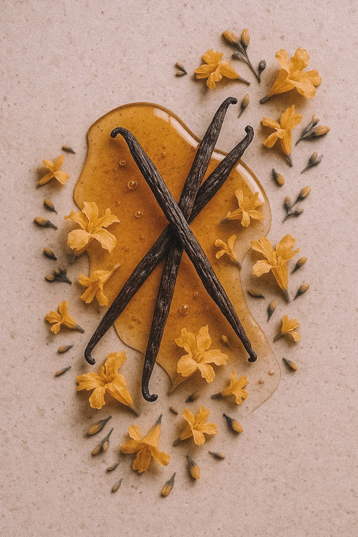 Vanilla bean pods, honeysuckle flowers, and vanilla extract on a beige surface.