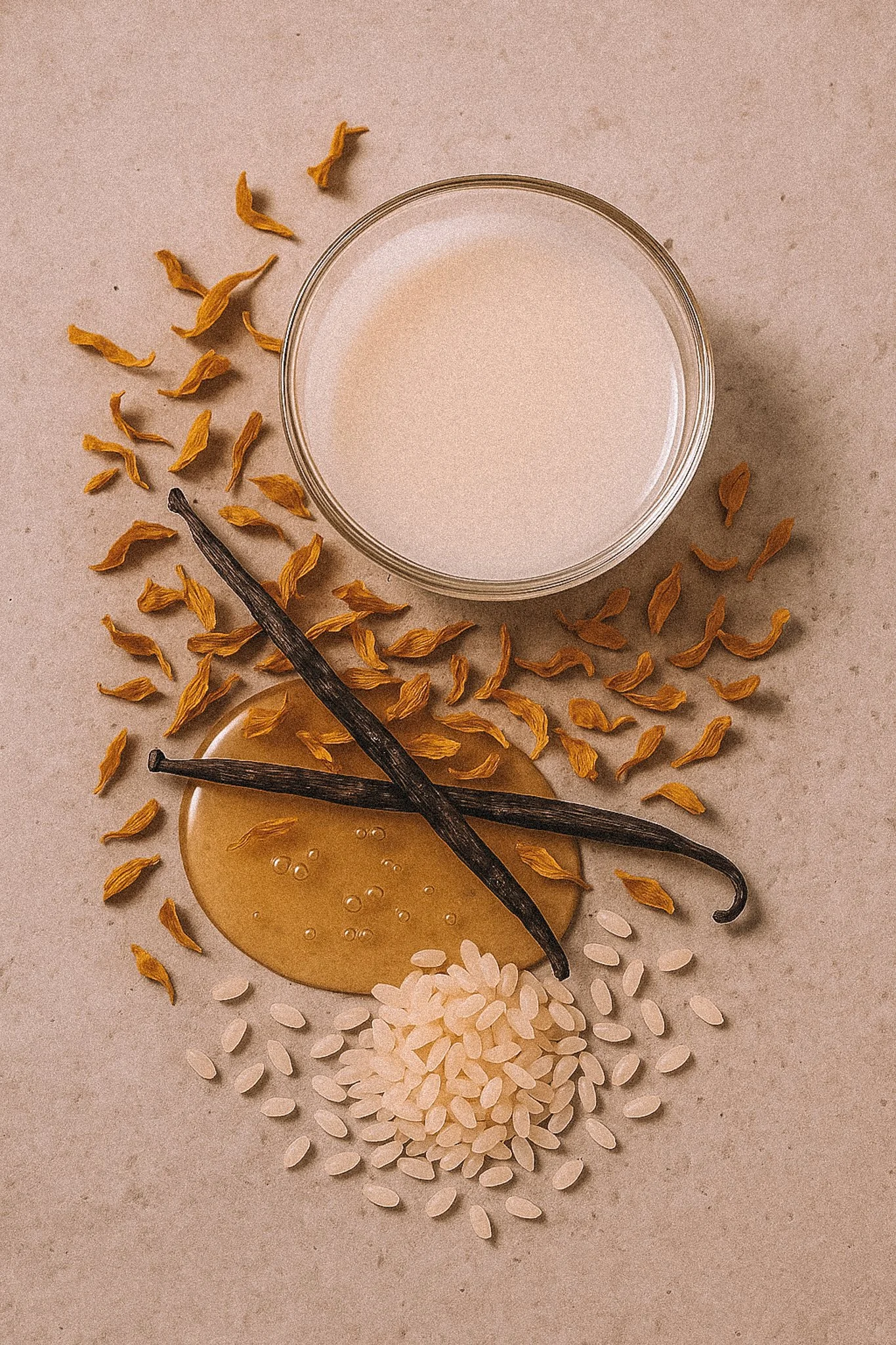 A bowl of rice water, vanilla bean pods, honey, dried honeysuckle flowers, and a small pile of uncooked rice grains on a neutral surface. ingredients, formula, sulfate free, paraben free, cruelty free, HONEYSUCC'L JO