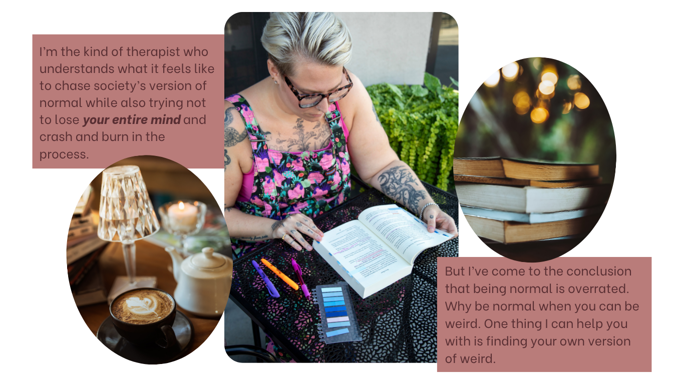 A person with tattoos and glasses reading a book at a table outside. The table holds glow pens, a color palette, a cup of coffee, and a lamp. There is a blogger quote on the image about understanding society and being normal.