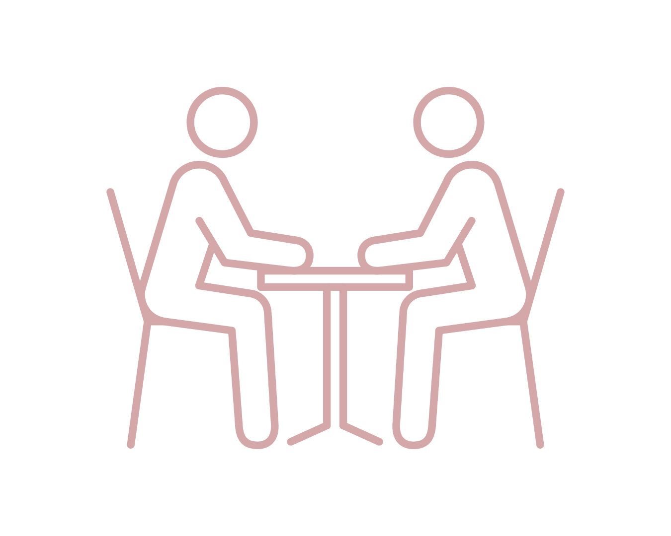 Outline drawing of two people sitting at a table, facing each other, holding hands.