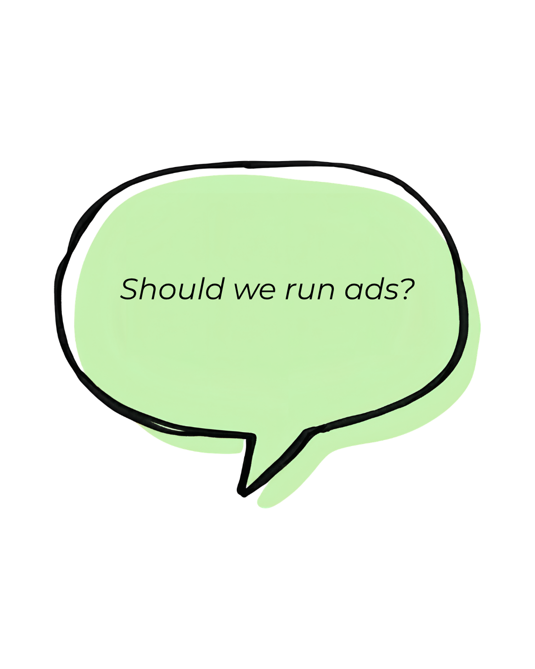 A speech bubble with the text 'Should we run ads?' in black font on a light green background