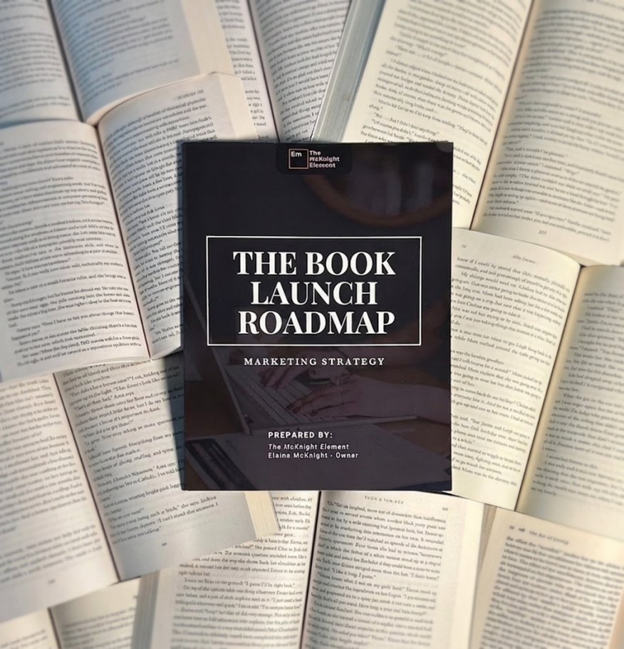 Book titled 'The Book Launch Roadmap: Marketing Strategy' by Elaine McKnight, surrounded by open books.