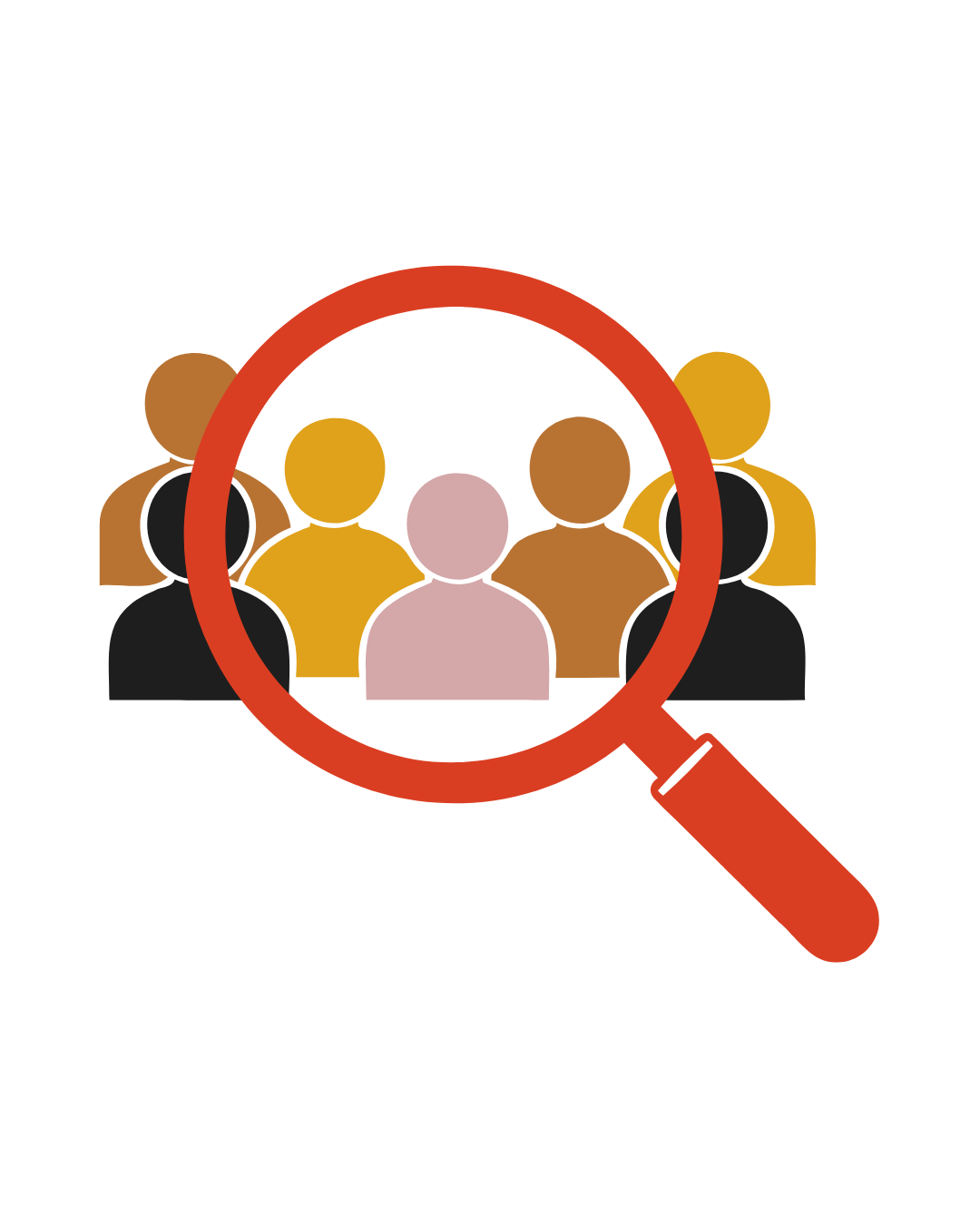 Graphic of diverse people behind a magnifying glass, symbolizing focus on individuals or group analysis.
