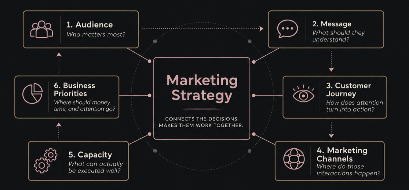 A flowchart illustrating components of a marketing strategy, including six interconnected steps: 1. Audience - Who matters most? 2. Message - What should they understand? 3. Customer Journey - How does attention turn into action? 4. Marketing Channels - Where do interactions happen? 5. Capacity - What can be executed well? 6. Business Priorities - Where should money, time, and attention go?